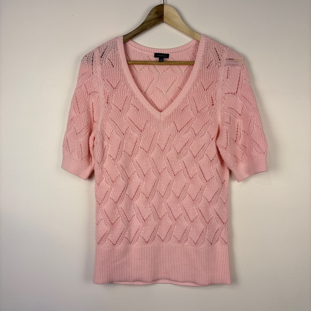 Talbots Short Sleeve Knit Crochet Pink V-Neck Sweater Cottagecore